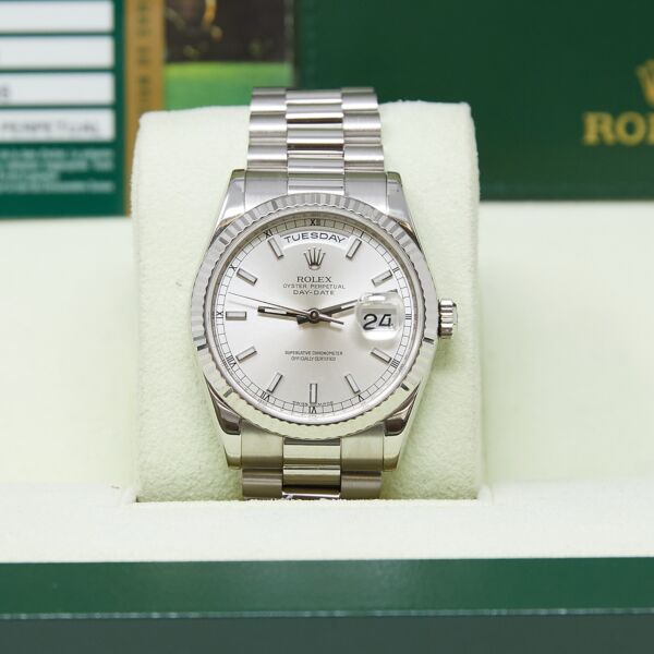 Rolex Pre-Owned Day-Date 36 White Gold Silver Dial on Presidential Bracelet [COMPLETE SET]