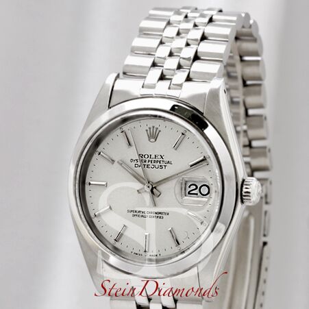 Pre Owned Rolex Steel Datejust Smooth Bezel Custom Silver Index Dial on Jubilee Band 36mm