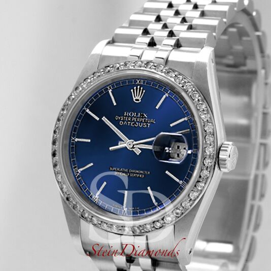 Pre Owned Rolex Steel Datejust Custom Diamond Bezel and Custom Blue Index Dial on Jubilee Band 36mm