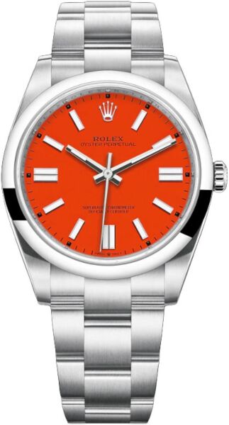 Rolex Oyster Perpetual Stainless Steel Coral Red Stick Dial on Oyster Bracelet 41mm