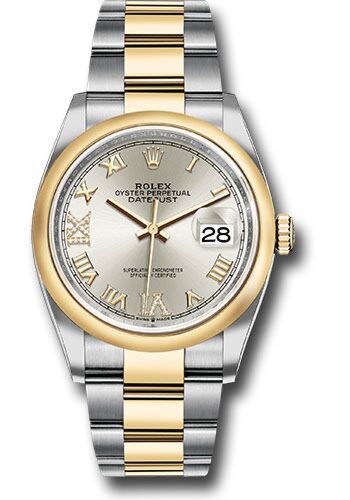 Rolex Datejust Steel and Yellow Gold Smooth Bezel Silver Diamond Roman 6 and 9 Dial on Oyster Bracelet 36mm