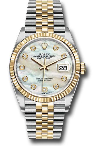 Rolex Datejust Steel and Yellow Gold Fluted Bezel Mother of Pearl Diamond Dial on Jubilee Bracelet 36mm