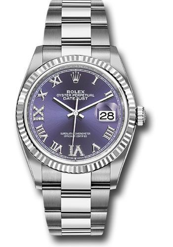 Rolex Datejust Steel and White Gold Fluted Bezel Aubergine Roman Diamond 6 and 9 Dial on Oyster Bracelet 36mm