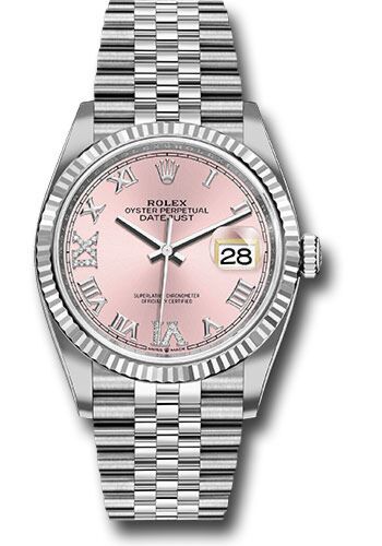 Rolex Datejust Steel and White Gold Fluted Bezel Pink Roman Diamond 6 and 9 Dial on Jubilee Bracelet 36mm