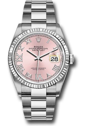 Rolex Datejust Steel and White Gold Fluted Bezel Pink Roman Diamond 6 and 9 Dial on Oyster Bracelet 36mm