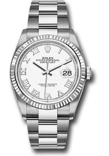 Rolex Datejust Steel and White Gold Fluted Bezel White Roman Dial on Oyster Bracelet 36mm