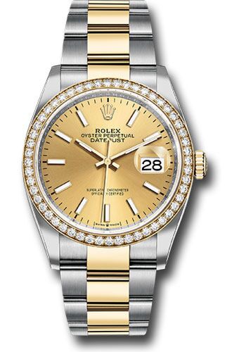 Rolex Datejust Steel and Yellow Gold Diamond Bezel Champagne Stick Dial on Oyster Bracelet 36mm