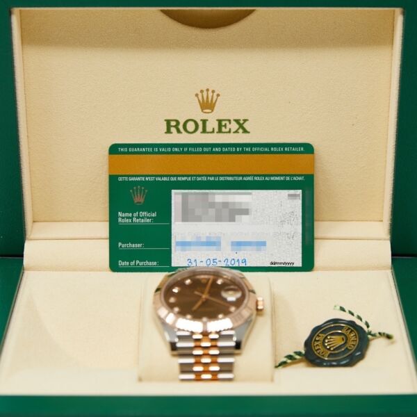 Rolex Pre Owned Datejust 41 Steel and Rose Gold Chocolate Diamond Dial Jubilee Bracelet 41mm Complete Box and Papers 2019