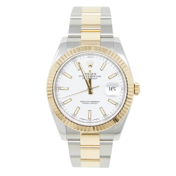  Pre Owned Rolex Datejust 41 Steel and Yellow Gold White Stick Dial Oyster Bracelet 41mm MINT [Box and Card]