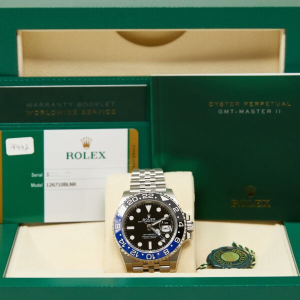 Pre Owned Rolex GMT-Master II Steel Black Dial Black and Blue 'Batman' Bezel on Jubilee Bracelet 40mm Box and Papers 2019