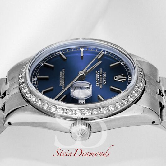 Pre Owned Rolex Steel Datejust Custom Diamond Bezel and Custom Blue Index Dial on Jubilee Band 36mm