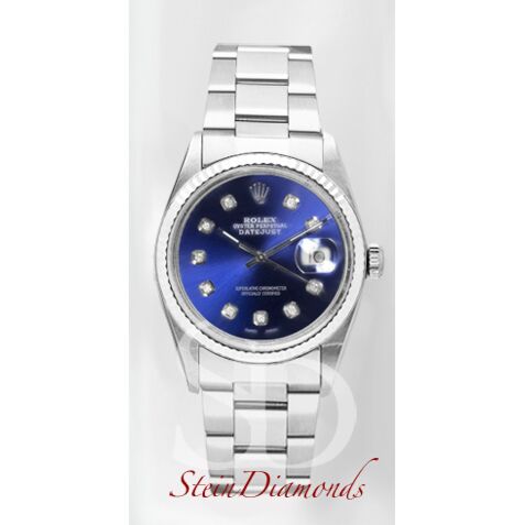 Pre Owned Rolex Steel Datejust Fluted Bezel Custom Blue Diamonod Dial on Oyster Band 36mm