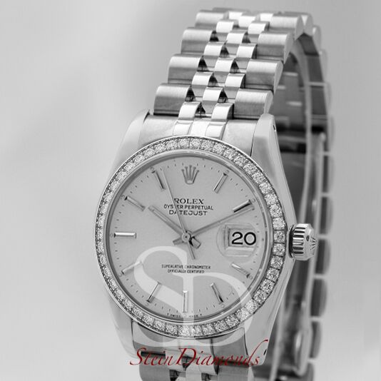 Rolex Mid-Size Steel Datejust Custom Diamond Bezel and Custom Silver Index Dial on Jubilee Band 31mm