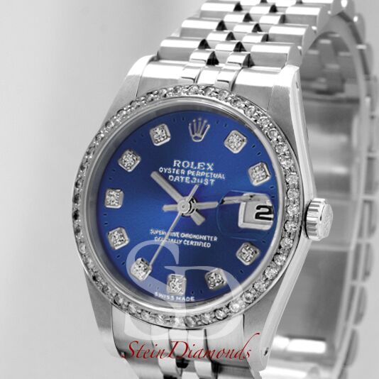 Pre Owned Rolex Steel Datejust Custom Diamond bezel and Custom Blue Diamond Dial on Jubilee Band 36mm