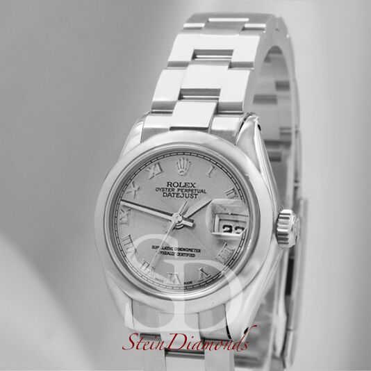 Rolex Lady Steel Datejust Smooth Bezel Custom Silver Roman Dial on Oyster Band 26mm