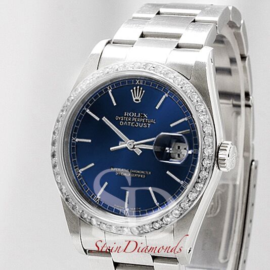 Pre Owned Rolex Steel Datejust Custom Diamond Bezel and Custom Blue Index Dial on Oyster Band 36mm