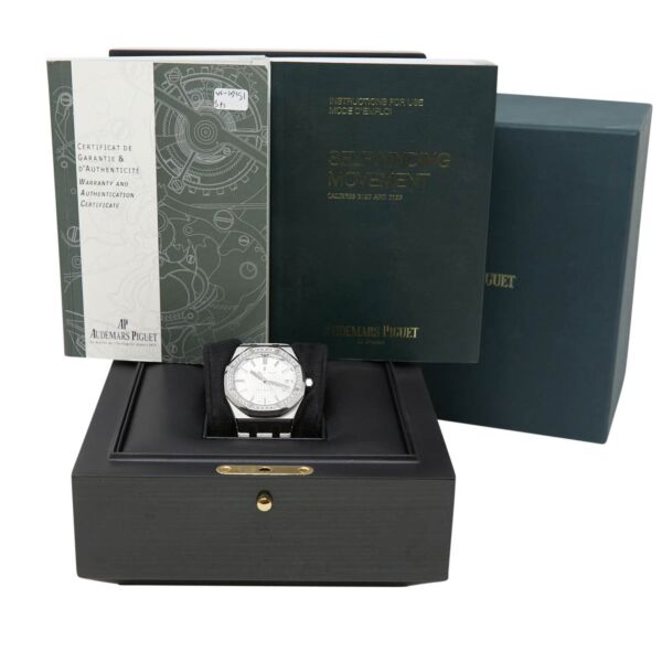 Pre Owned Audemars Piguet Royal Oak Steel Diamond Bezel White Dial on Leather Strap 37mm Box and Papers