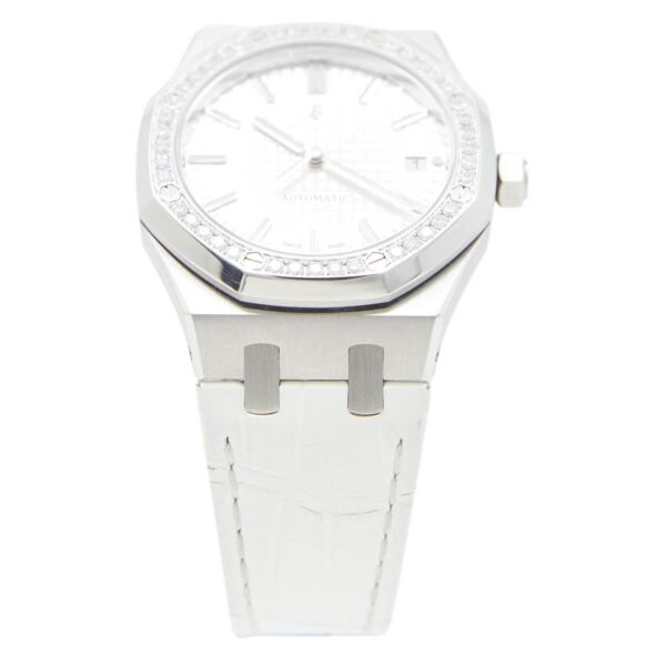 Pre Owned Audemars Piguet Royal Oak Steel Diamond Bezel White Dial on Leather Strap 37mm Box and Papers