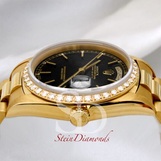 Rolex Day-Date Yellow Gold Custom Diamond Bezel Black Stick Dial on Presidental Bracelet 36mm