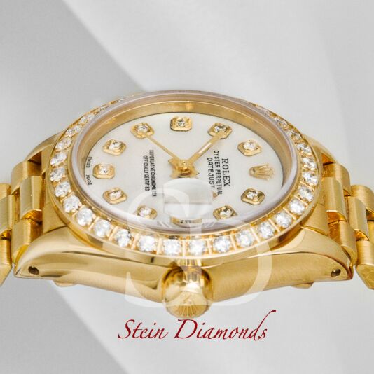 Rolex Lady Yellow Gold President Custom Diamond Bezel and Custom Mother of Pearl Diamond on Presidential 26mm