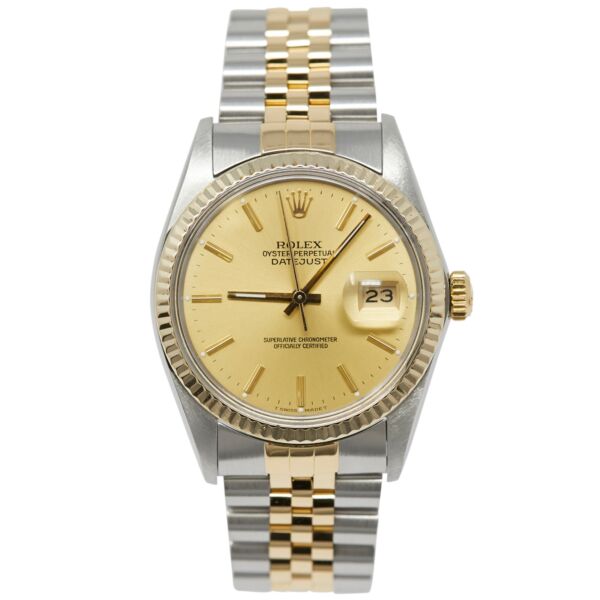 Pre Owned Rolex Two-Tone Datejust Steel and Yellow Gold Champagne Stick Dial on Jubilee 36mm
