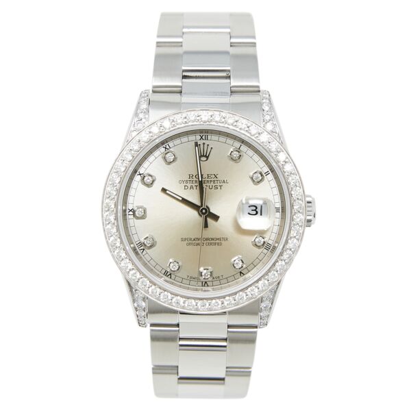 Pre Owned Rolex Steel Datejust Custom Diamond Bezel and Custom Silver Diamond Dial on Oyster Band 36mm Box and Papers