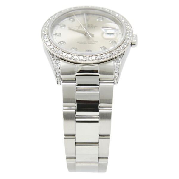 Pre Owned Rolex Steel Datejust Custom Diamond Bezel and Custom Silver Diamond Dial on Oyster Band 36mm Box and Papers