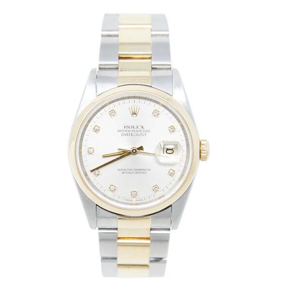 Pre Owned Rolex Two-Tone Datejust Smooth Bezel Factory Silver Diamond Dial on Oyster Band 36mm Mint