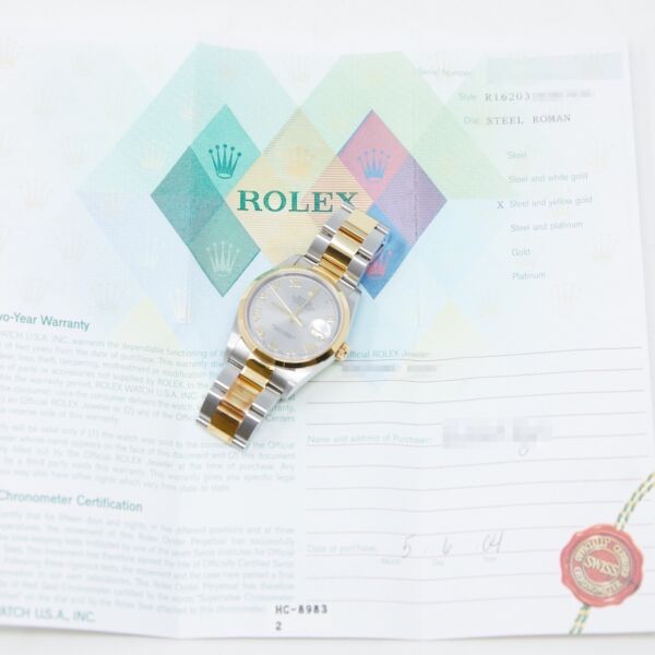 Pre Owned Rolex Two-Tone Datejust Smooth Bezel Steel Roman Dial on Oyster Band 36mm Box and Papers 2004