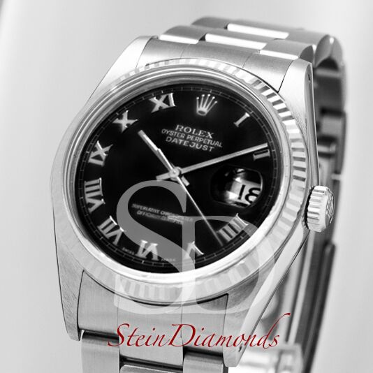 Pre Owned Rolex Steel Datejust Fluted Bezel Custom Black Roman on Oyster Band 36mm