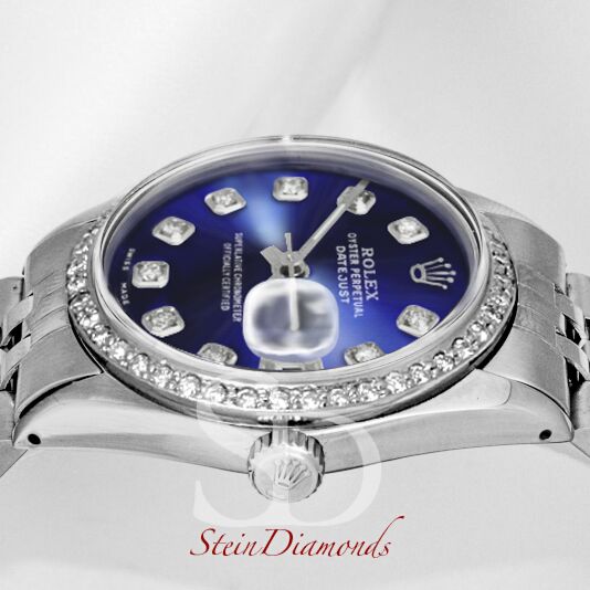 Pre Owned Rolex Steel Datejust Custom Diamond bezel and Custom Blue Diamond Dial on Jubilee Band 36mm