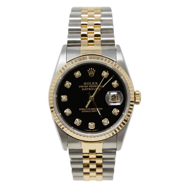 Pre Owned Rolex Two-Tone Datejust Fluted Bezel Custom Black Diamond Dial on Jubilee Band 36mm