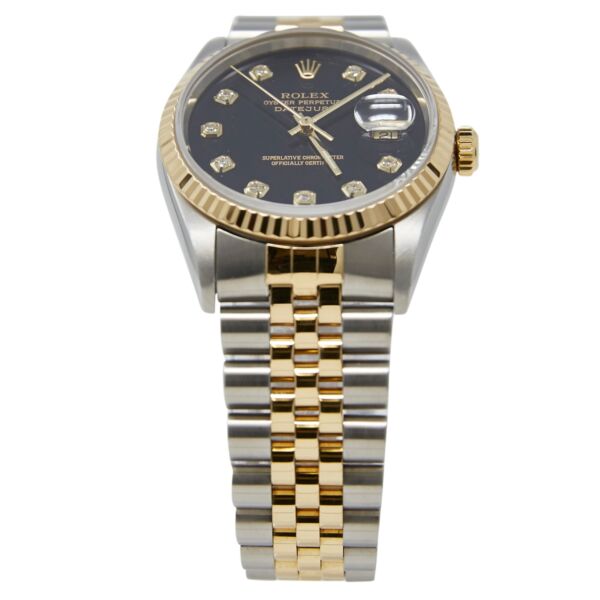 Pre Owned Rolex Two-Tone Datejust Fluted Bezel Custom Black Diamond Dial on Jubilee Band 36mm