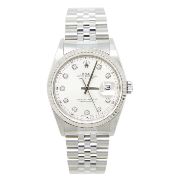 Pre Owned Rolex Steel Datejust Fluted Bezel and Custom Silver Diamond Dial on Jubilee Band 36mm Mint