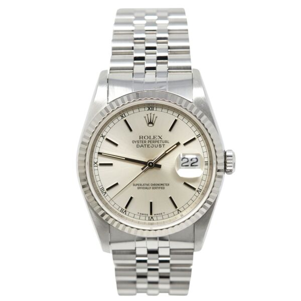 Pre Owned Rolex Steel Datejust Fluted Bezel Silver Stick Dial on Jubilee Band 36mm