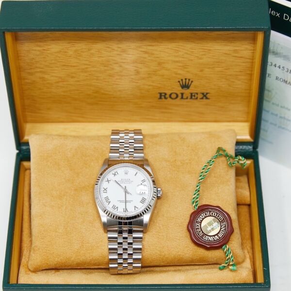 Rolex Steel Datejust Fluted Bezel White Roman Dial on Jubilee Band 36mm Box and Papers 2005