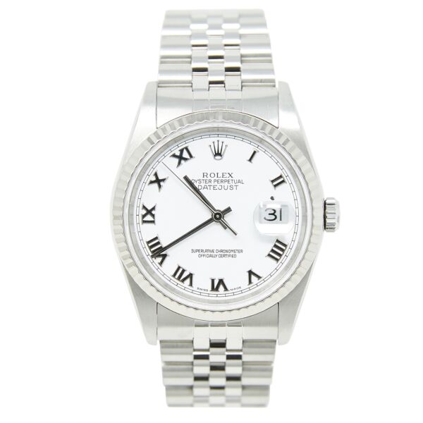 Rolex Steel Datejust Fluted Bezel White Roman Dial on Jubilee Band 36mm Box and Papers 2005