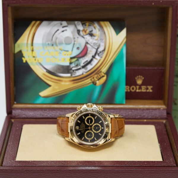 Pre Owned Rolex Zenith Yellow Gold Daytona Black Dial on Brown Leather Strap