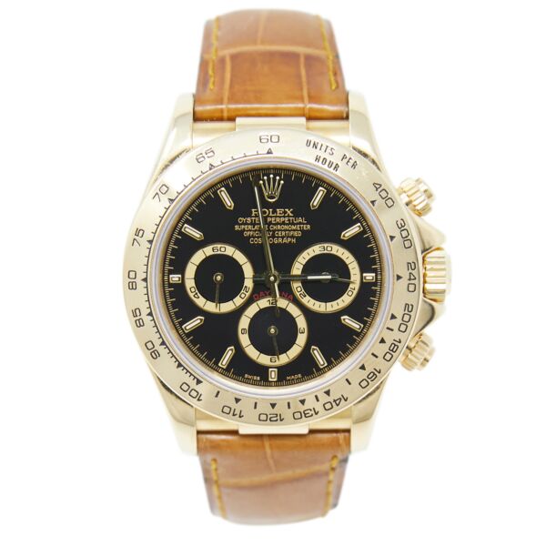Pre Owned Rolex Zenith Yellow Gold Daytona Black Dial on Brown Leather Strap