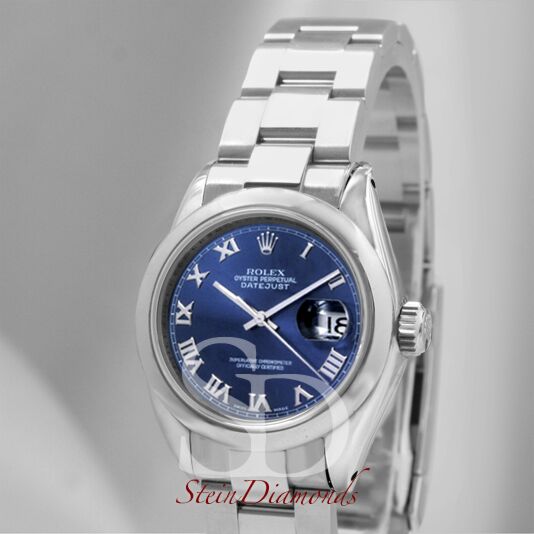 Rolex Lady Steel Datejust Smooth Bezel Custom Blue Roman Dial on Oyster Band 26mm