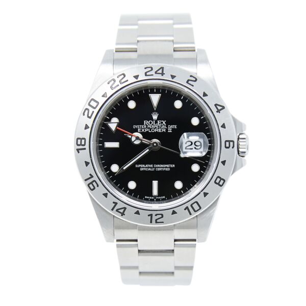 Pre Owned Rolex Explorer II 3186 Movement Steel Black Dial Oyster Bracelet 40mm Complete Box and Card 2009/2010