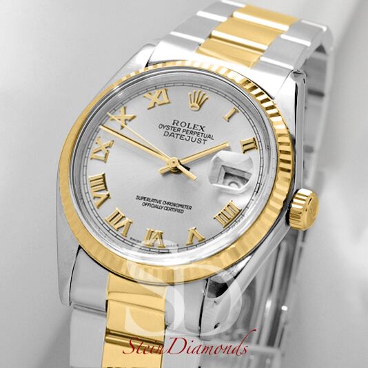Pre Owned Rolex Two-Tone Datejust Fluted Bezel Custom Silver Roman Dial on Oyster Band 36mm