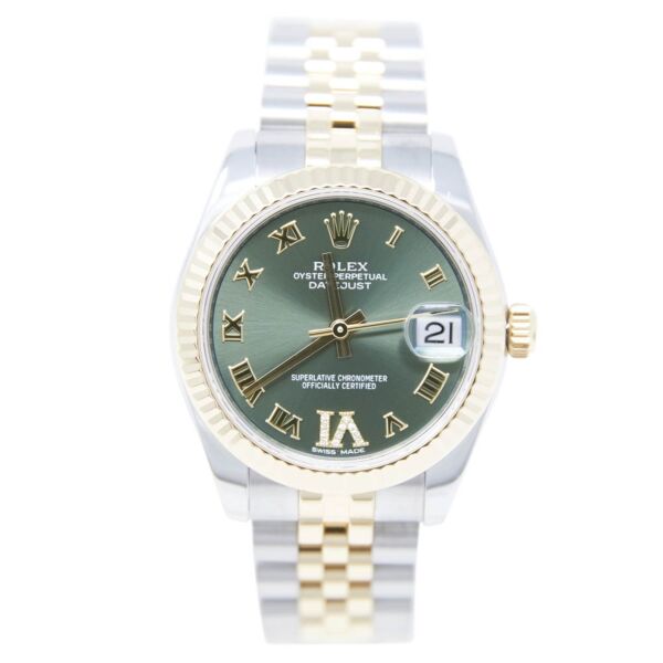 Pre Owned Datejust Steel and Yellow Gold Factory Green Roman Diamond Dial on Jubilee 31mm Complete Set 2018