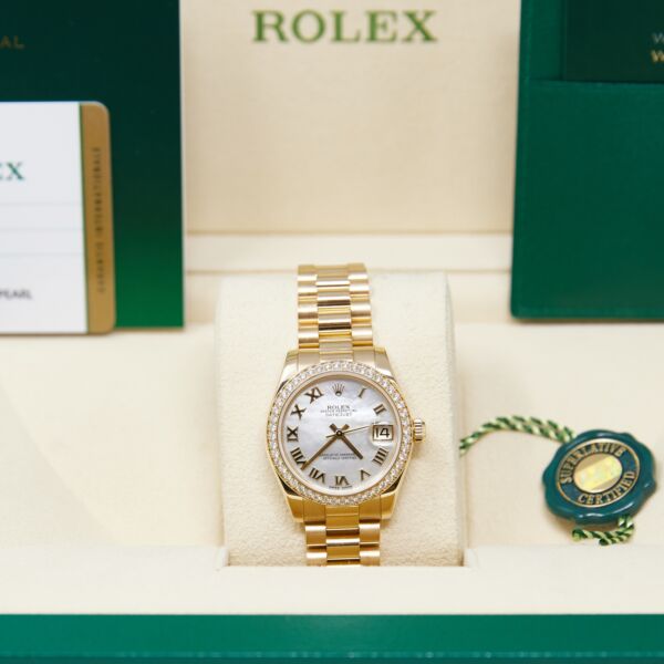 Rolex Pre-Owned Datejust Yellow Gold Mother of Pearl Roman Dial on Presidential Bracelet [FULL SET 2020] 31mm