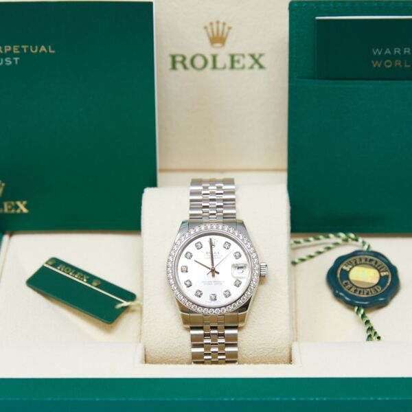 Rolex Pre-Owned Datejust Steel/White Gold Diamond Bezel Custom Silver Diamond Dial [WITH BOX, HANG TAGS] 31mm