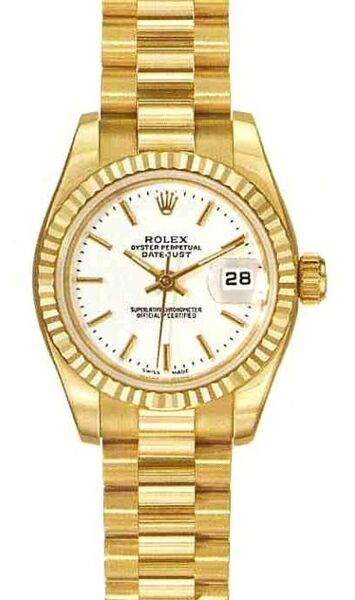 Rolex Pre Owned Datejust President Yellow Gold White Stick Dial 26mm