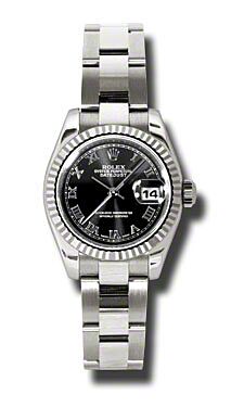 Rolex Pre Owned Datejust White Gold Black Roman Dial on Oyster 26mm