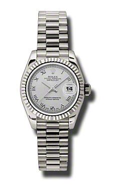 Rolex Pre Owned Datejust President White Gold Silver Roman Dial 26mm