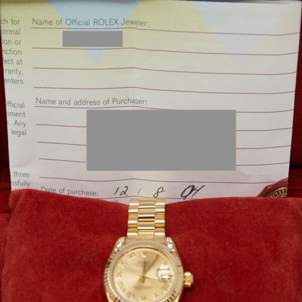 Rolex Pre Owned Datejust President Yellow Gold Diamond Lugs Champagne Roman Dial on Presidential Bracelet 26mm Box and Papers