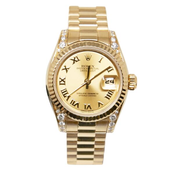 Rolex Pre Owned Datejust President Yellow Gold Diamond Lugs Champagne Roman Dial on Presidential Bracelet 26mm Box and Papers